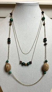12K GELBGOLD FÜLLUNG Malachit Edelstein & Holzperlen Multi Strang Kette Halskette - Bild 1 von 7