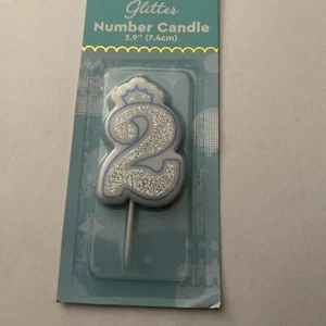 Birthday Party Cake Number Candle 2 Silver Glitter & Blue Border - Picture 1 of 1