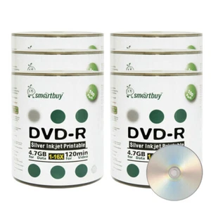 600 Ps SmartBuy Silver Inkjet Hub Printable DVD-R DVDR 16X 4.7GB Recordable Disc - Afbeelding 1 van 2