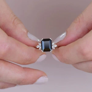 2.50 Ct Emerald Cut Black & White Diamond Engagement Ring 14K White Gold Finish - Picture 1 of 10