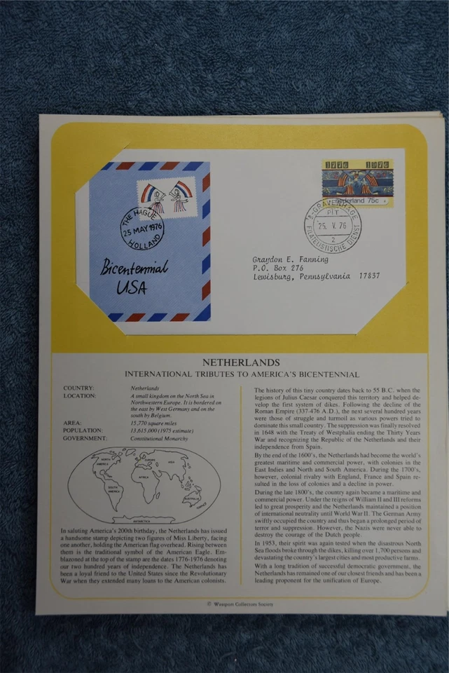 1975 Tributes to America's Bicentennial Souvenir Card - Netherland - Image 1 of 1