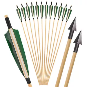 32" Archery Wooden Arrows 5" Feather Arrowheads Recurve Bow Longbow Hunting - Picture 1 of 16