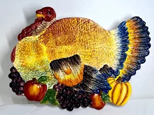 14" 3D Turkey Shaped Platter Serving Plate Hand Painted Colorful Fruit & Pumpkin - Picture 1 of 9