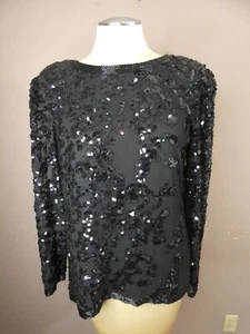 VTG Sho Max Originals 80s Women's L Black Beaded Sequin Top Silk Long Sleeve - Picture 1 of 10