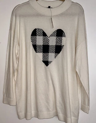 ¡NUEVO! Suéter Talbots Talla 2X ~ Blanco roto con corazón a cuadros ~ Pullover cuello redondo Foto 1 de 4