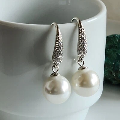 Sea Shell  White Pearl Dangle/Drop Hoop DC Earrings White Gold Plate - Image 1 of 4