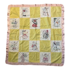 Vintage Wende-Babydecke bestickt gebunden ~ 40 x 44 ~ Kinder der Welt ~ Vögel - Bild 1 von 14