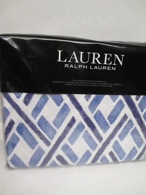 Ralph Lauren JENSEN Blue White Geometric 3pc Duvet Shams Set - Full/Queen - Image 1 of 4