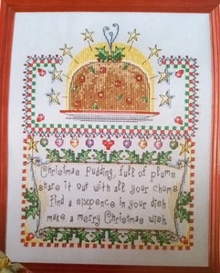 Punto de Cruz "PUDÍN DE NAVIDAD" patrón ~ ciruelas, adornos, acebo - Imagen 1 de 1