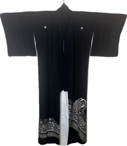 Japanese Elegant Black Layered Tomesode Kimono with Phoenix & Crest, Handmade - Picture 1 of 10