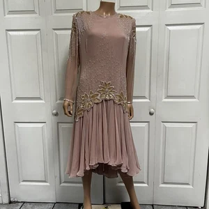VTG 80-s Beaded Sequin Flapper Formal Dress Dusty Rose Size L-XL Long Sleeve - Picture 1 of 23