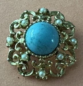 Vintage Brosche fabelhaft goldfarben & Faux Türkis Cluster & Perlen Germany - Bild 1 von 4