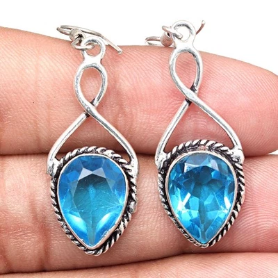 Swiss Blue Quartz Gemstone Gift For Her Silver Jewelry Earrings 1.5'' - Image 1 of 4