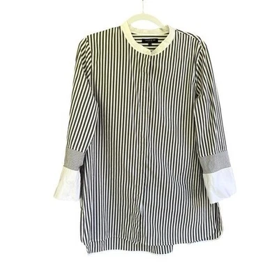 Lafayette 148 New York Marianne Striped Cotton Blend Tunic Top White Black Large - Image 1 of 4