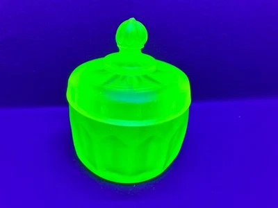 Uranium Glass Libochovice Vanity Set Trinket Pot Frosted Green Glow Antique 2 - Image 1 of 4