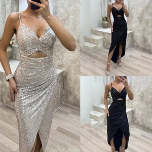 Maxi Dress for Women V Neck Sequined Elegant Split Style Party Evening Wear - Picture 1 of 18