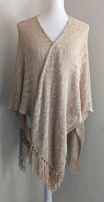 Coldwater Creek Mujer Mantón Envolvente Tejido Abierto Bohemio Hippie Beige Flecos Naturales Foto 1 de 4