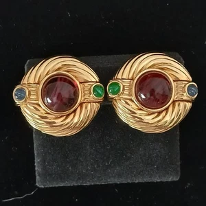 Vintage Designer Gold Tone Mogul Style Gripoix Glass Cabochon Clip On Earings  - Picture 1 of 15