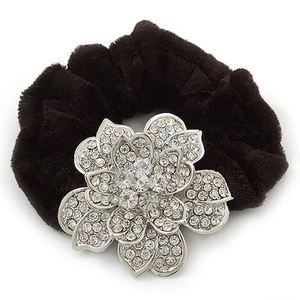 Großer geformter rhodinierter Swarovski Kristall Blume Pferdeschwanz schwarzes Haar - Bild 1 von 5