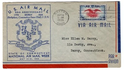 C23 Eagle 6c Airmail 1938 FDC - Planty #56 State of CT - Image 1 of 2