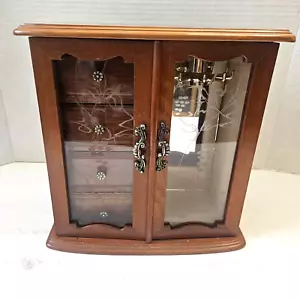 Vintage Wood Jewelry Armoire w/4 Drawers/Mirror/Carousel, 2 Floral Glass Doors. - Picture 1 of 10
