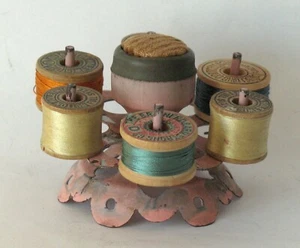 ANTIQUE METAL SEWING SPOOL HOLDER PIN CUSHION QUILT MILLINARY FABRIC NEEDLEWORK - Picture 1 of 6