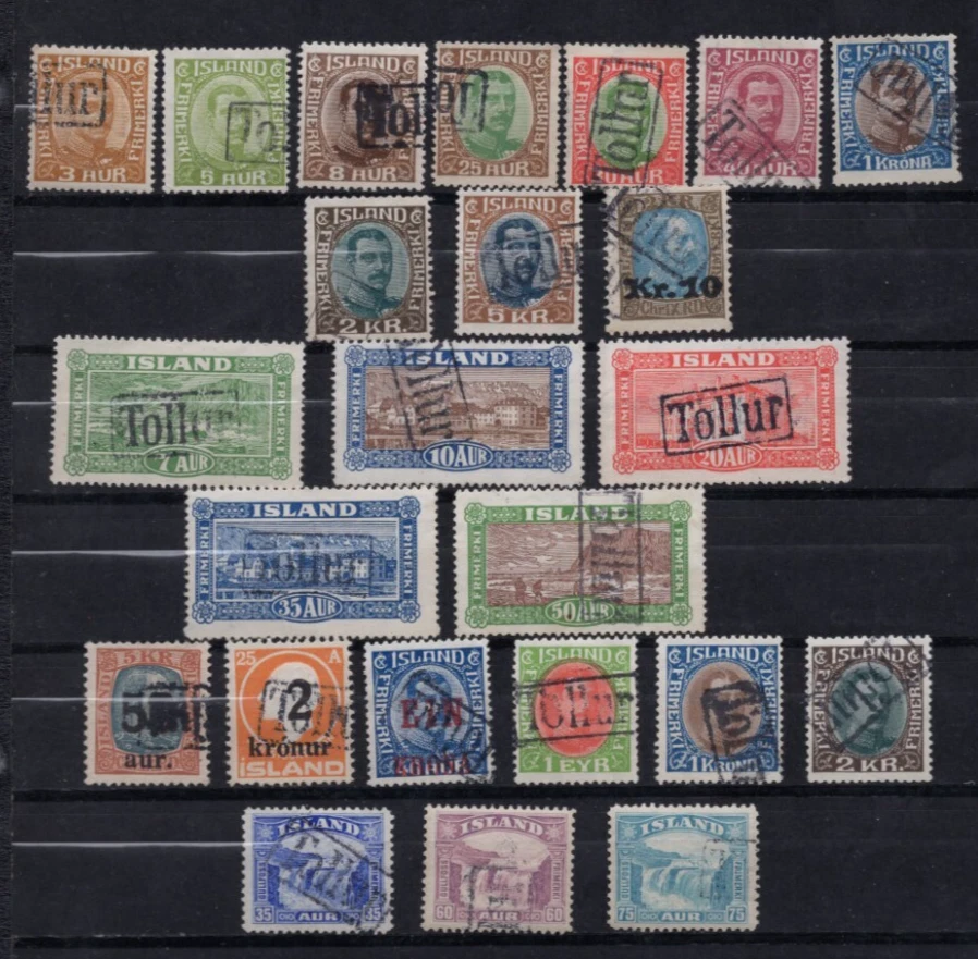 ICELAND 1920–1925 COLLECTION OF 24 POSTAGE ISSUE TO 2KR, 5KR & 10KR OVERPRINTED - Image 1 of 1