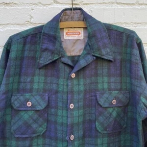 Vintage 60s Blue Green Wool Plaid Loop Collar Board Shirt Flannel Medium  - Picture 1 of 6