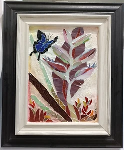 BLUE Ulysses Butterfly in Heliconia Mosaic Glass Artwork Black & White frame - Picture 1 of 9