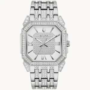 Bulova Men's Crystal Quartz Gemmed Silver Stainless Steel Watch 40 MM 96A285 - Picture 1 of 4