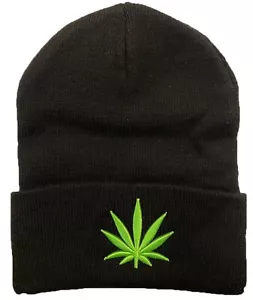 Knit Marijuana Beanie Acrylic Black 3D Logo Leaf Beanie Cap Hat - Picture 1 of 2