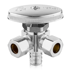 1/2" Pex Crimp 3/8" x 3/8" Compression Multi Turn Dual Outlet Angle Stop Valve - Picture 1 of 13