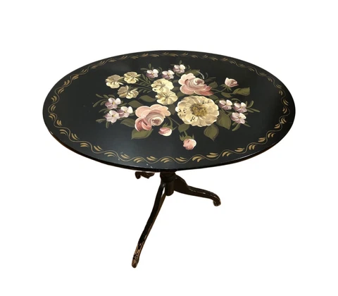 Black Floral Handpainted Tilt Top Side Table Cover