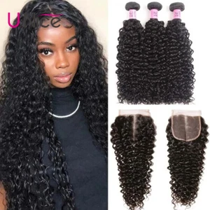 UNice Hair Peruvian Curly 100% Human Hair Extensions 3 Bundles With Lace Closure - Picture 1 of 12