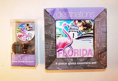 Juego de 4 tapones de botella de vino de vidrio Florida y 4 posavasos - Destinos por LAArts Foto 1 de 3