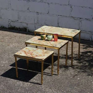 Vintage 3er Set Onyx Marmor Messing Beistelltische-Loungetische-Regency Stil-60s - Bild 1 von 19