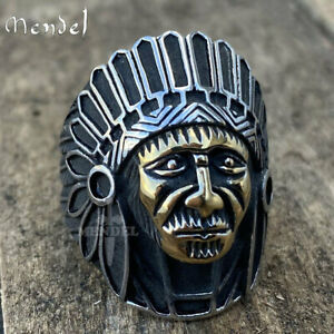 MENDEL Mens Gold Plated Biker Indian Chief Head Ring Stainless Steel Size 7-15