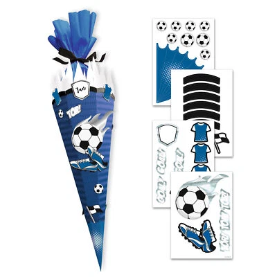 itenga DEKO SET für Schultüte Zuckertüte Schulanfang Fussball blau weiß Jungen