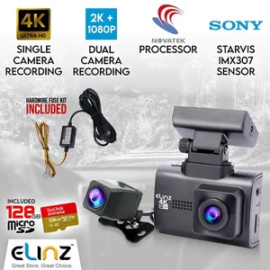 Elinz 4K 2K Dual Dash Cam WiFi GPS Car Camera WDR NHardwire Fuse Kit 128GB U3 - Picture 1 of 2