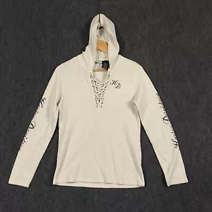 Harley Davidson Womens Large Scroll Skull Hooded Henley Shirt Cream Embellished - Picture 1 of 19