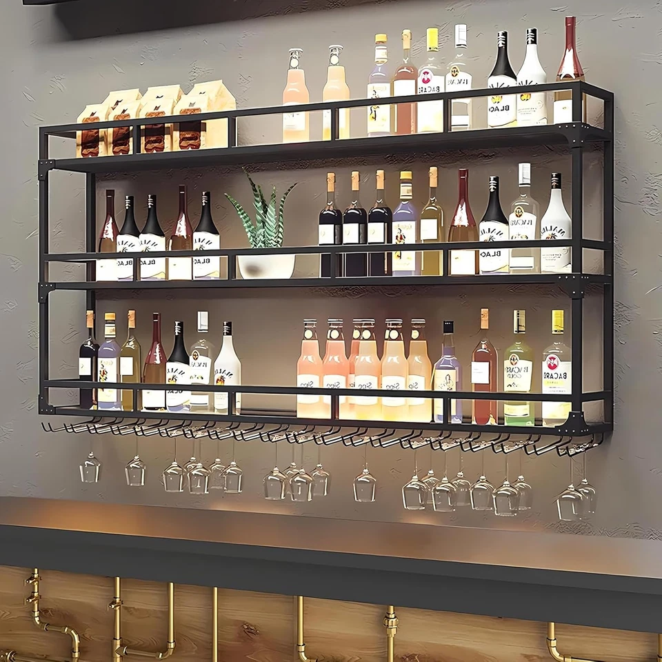 Portabottiglie Da Parete Con Porta Calici, Metallo Porta Bottiglie Vino Con Port - Immagine 1 di 4