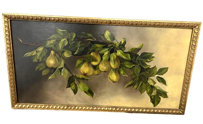 c1900 ANTIGUO ÓLEO SOBRE LIENZO BODEGÓN PERAS MAGISTRAL - 32" X 16" sin firmar Foto 1 de 4