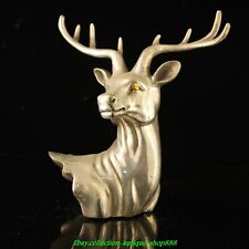 8" Old China Dynasty Pure Silver Gilt Fengshui Deer Sika Deer Deers Head Statue