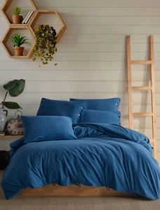 MONA 5 Pcs King Duvet Cover Set Navy Blue 100% Washed Pure Cotton Super Soft - Picture 1 of 3