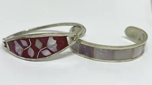 ZWEI ALPAKA MEXICO STERLINGSILBER SCHARNIERT / MUTTER BRAUN MIT EMAILLE ABALONE ARMBAND - Bild 1 von 21