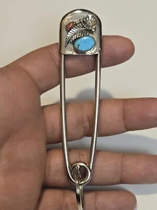 Native American Safety Pin Key Chain Turquoise & Red Coral C76 - Picture 1 of 9