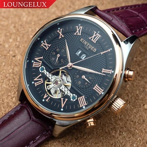 Mens Automatic Mechanical Watch Date Day Rose Gold Black Dial Purple Leather  - Picture 1 of 12