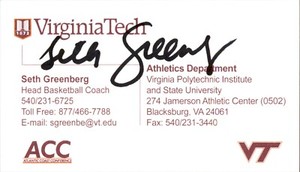 Seth Greenberg Signed Business Card Autographed Virginia Tech Basketball 66366