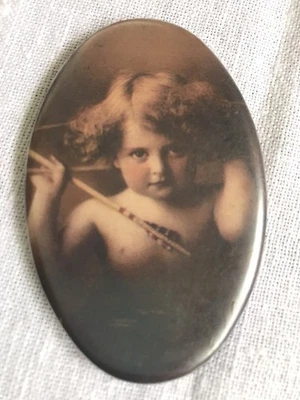 Vintage Celluloid Pocket Mirror Cupid Awake Sepia Victorian Print - Image 1 of 4