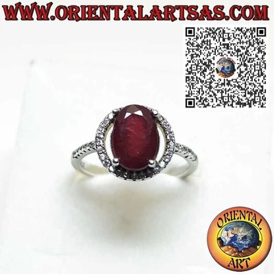 Anello in Argento 925‰  con granato naturale sospesa su un cerchio di zirconi - Immagine 1 di 4